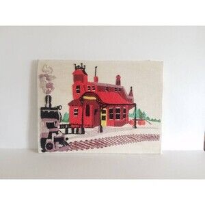 Vintage Crewel Art, Caron Crewel 6122 Train Depot 1977, Kids Room, Nursery Decor